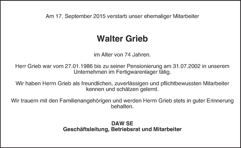 Traueranzeigen von Walter Grieb | www.vrm-trauer.de