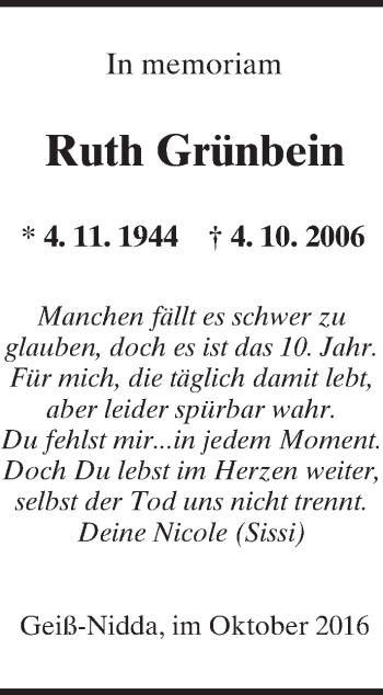 Traueranzeige von Ruth Grünbein von  Kreisanzeiger