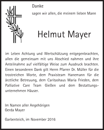 Traueranzeige von Helmut Mayer von  Gießener Anzeiger