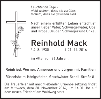 Traueranzeige von Reinhold Mack von Trauerportal Rhein Main Presse