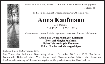 Traueranzeige von Anna Kaufmann von  Kreisanzeiger