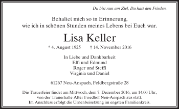 Traueranzeige von Lisa Keller von  Usinger Anzeiger