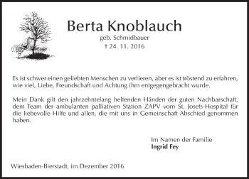 Traueranzeige von Berta Knoblauch von Trauerportal Rhein Main Presse