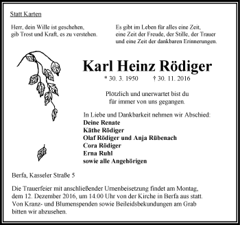 Traueranzeigen von Karl Heinz Rödiger | www.vrm-trauer.de