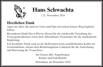 Traueranzeige von Hans Schwachta von  Usinger Anzeiger