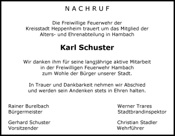 Traueranzeige von Karl Schuster von Trauerportal Echo Online