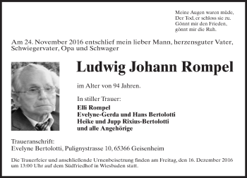 Traueranzeige von Ludwig Johann Rompel von Trauerportal Rhein Main Presse