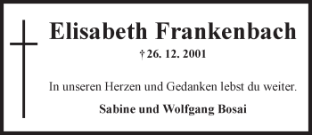 Traueranzeige von Elisabeth Frankenbach von Trauerportal Rhein Main Presse