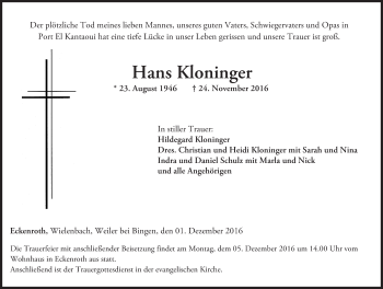 Traueranzeige von Hans Kloninger von Trauerportal Rhein Main Presse