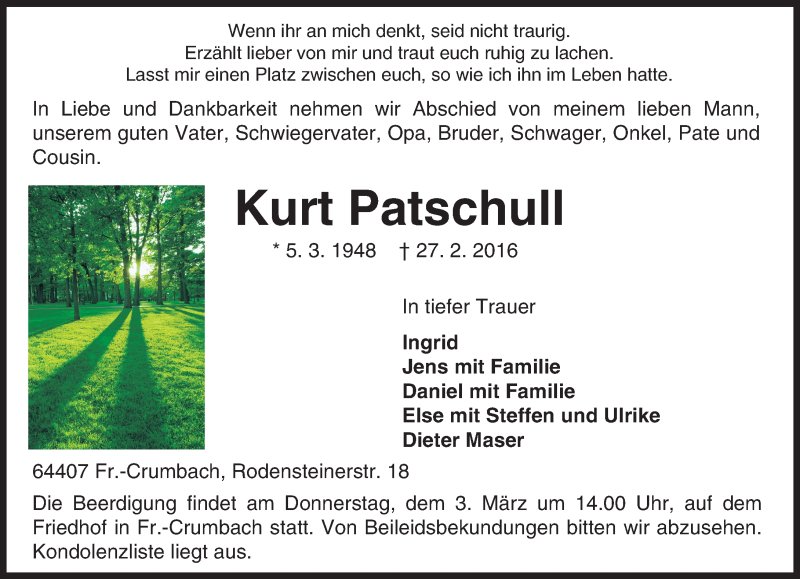  Traueranzeige für Kurt Patschull vom 01.03.2016 aus trauer.echo-online.de