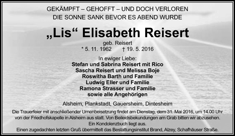  Traueranzeige für Elisabeth Reisert vom 23.05.2016 aus  Allgemeine Zeitung Alzey