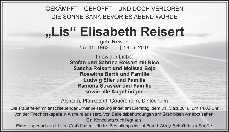  Traueranzeige für Elisabeth Reisert vom 21.05.2016 aus  Allgemeine Zeitung Alzey