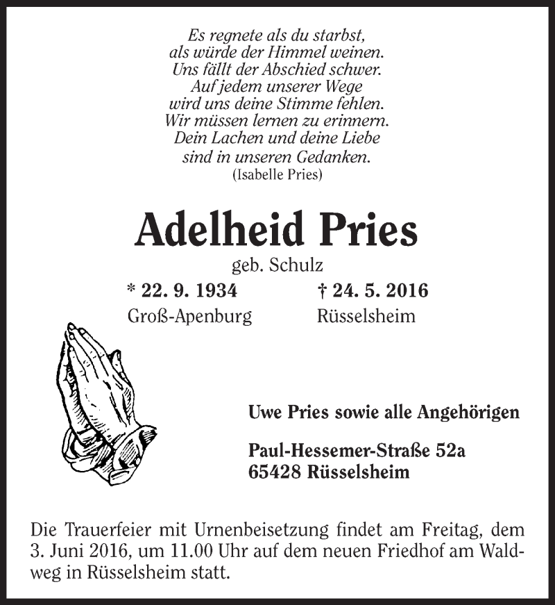 Traueranzeigen Von Adelheid Pries Vrm Trauer De