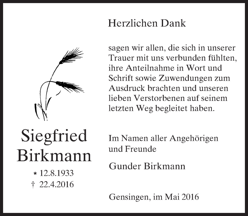 Traueranzeigen Von Siegfried Birkmann | Www.vrm-trauer.de