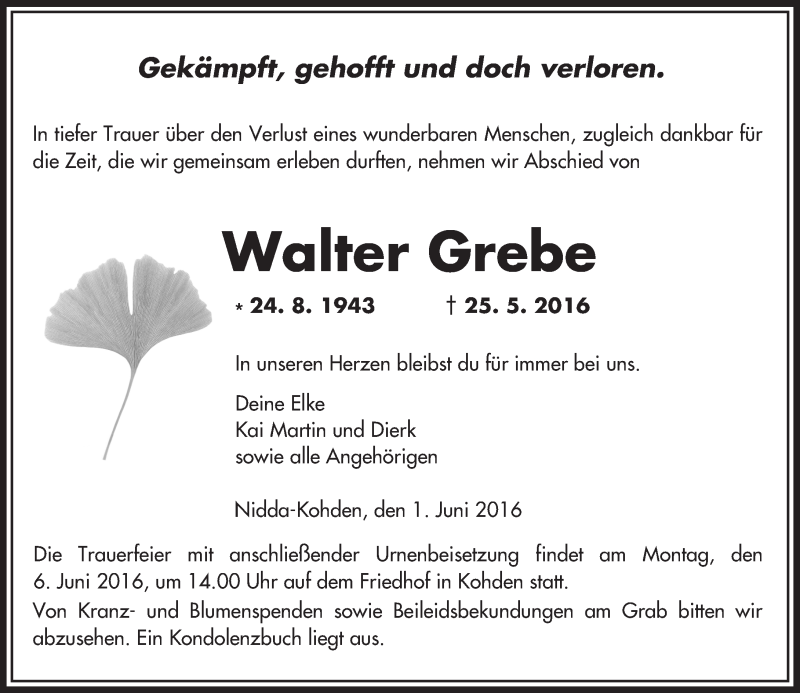  Traueranzeige für Walter Grebe vom 01.06.2016 aus  Kreisanzeiger