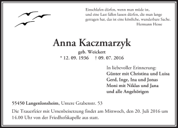 Traueranzeige von Anna Kaczmarzyk von Trauerportal Rhein Main Presse