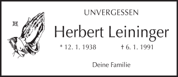 Traueranzeige von Herbert Leininger von  Allgemeine Zeitung Mainz