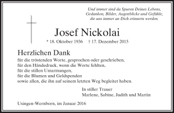 Traueranzeige von Josef Nickolai von  Usinger Anzeiger