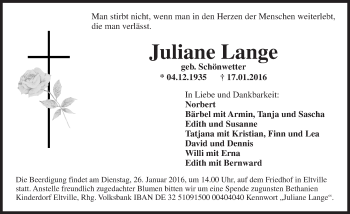 Traueranzeige von Juliane Lange von  Rheingau