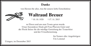 Traueranzeige von Waltraud Breuer von  Usinger Anzeiger