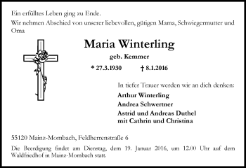 Traueranzeige von Marie Winterling von  Allgemeine Zeitung Mainz