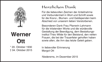 Traueranzeige von Werner Ott von  Camberger Anzeiger