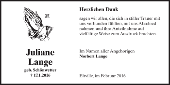 Traueranzeige von Juliane Lange von  Rheingau