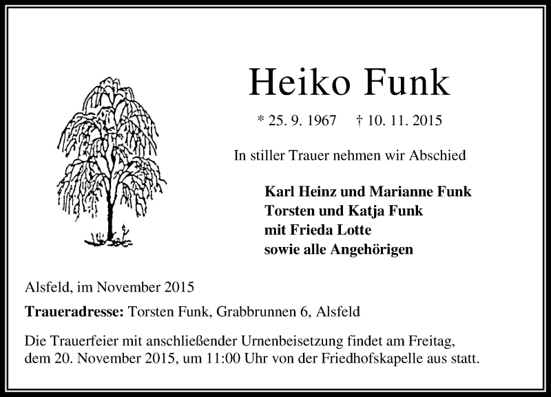  Traueranzeige für Heiko Funk vom 18.11.2015 aus VRM Trauer