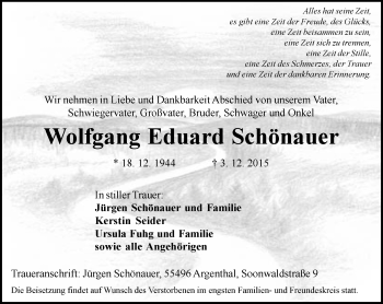 Traueranzeige von Wolfgang Eduard Schönauer von  Allgemeine  Zeitung Ingelheim-Bingen