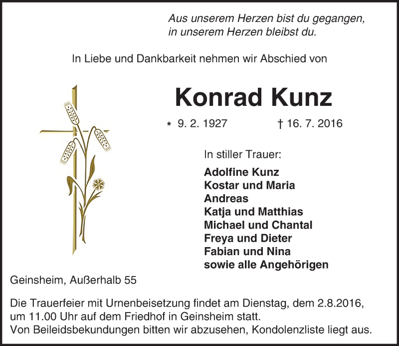 Traueranzeigen Von Konrad Kunz Vrm Trauer De