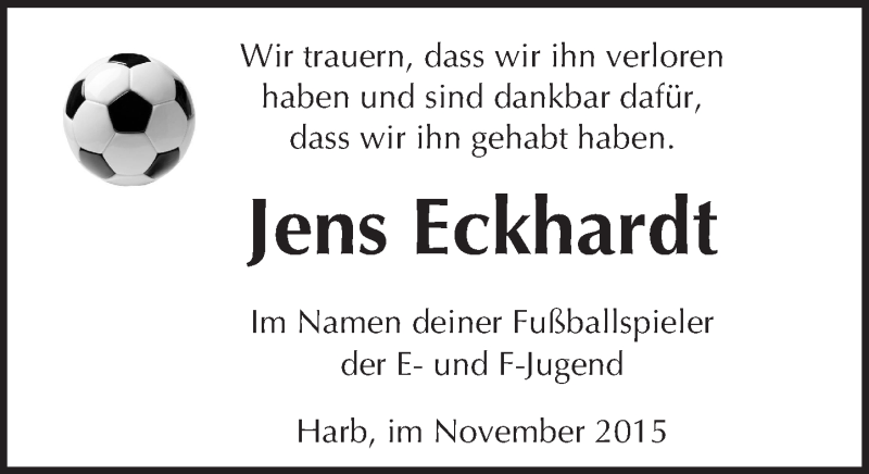  Traueranzeige für Jens Eckhardt vom 14.11.2015 aus  Kreisanzeiger