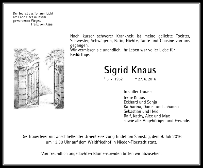 Traueranzeige für Sigrid Knaus vom 06.07.2016 aus  Kreisanzeiger