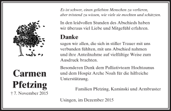 Traueranzeige von Carmen Pfetzing von  Usinger Anzeiger