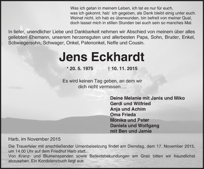  Traueranzeige für Jens Eckhardt vom 14.11.2015 aus  Kreisanzeiger