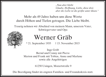 Traueranzeige von Werner Gräb von  Usinger Anzeiger