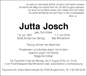 Traueranzeige von Jutta Josch von Trauerportal Rhein Main Presse