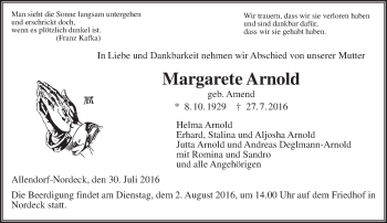 Traueranzeige von Margarete Arnold von  Gießener Anzeiger