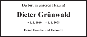 Traueranzeige von Dieter Grünwald von  Allgemeine Zeitung Mainz