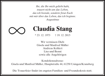 Traueranzeige von Claudia Stang von  Usinger Anzeiger