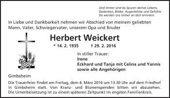 Traueranzeige von Herbert Weickert von  Wormser Zeitung