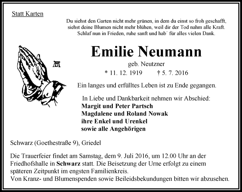 Traueranzeigen von Emilie Neumann | www.vrm-trauer.de