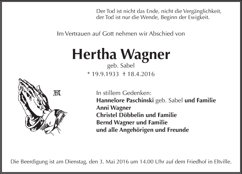 Traueranzeigen von Hertha Wagner | www.vrm-trauer.de