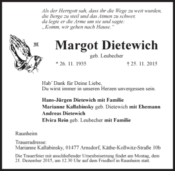 Traueranzeige von Margot Dietewich von  Mainspitze