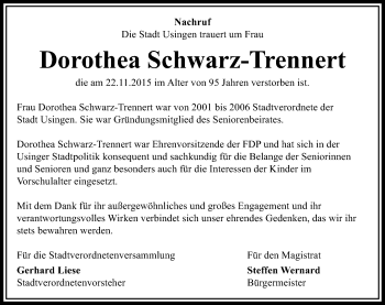 Traueranzeige von Dorothea Schwarz-Trennert von  Usinger Anzeiger