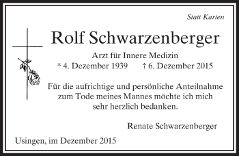 Traueranzeige von Rolf Schwarzenberger von  Usinger Anzeiger