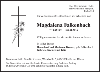 Traueranzeige von Magdalena Falkenbach von  Rheingau