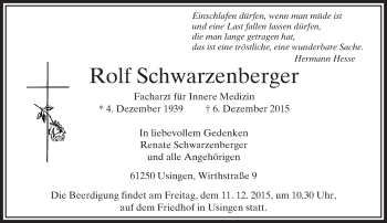 Traueranzeige von Rolf Schwarzenberger von  Usinger Anzeiger