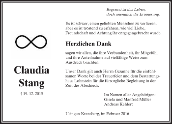 Traueranzeige von Claudia Stang von  Usinger Anzeigenblatt