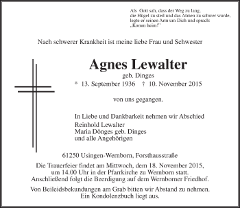 Traueranzeige von Agnes Lewalter von  Usinger Anzeiger