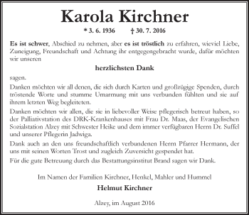 Traueranzeige von Karola Kirchner von Trauerportal Rhein Main Presse
